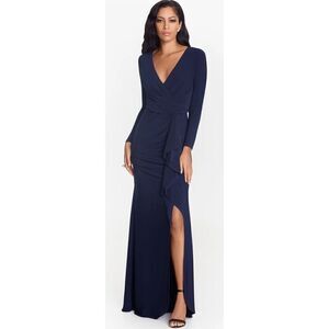 Betsy & Adam "ELLE" LONG SLEEVE SIDE RUFFLEDโSLIT GOWN in Navy NWOT Size 6